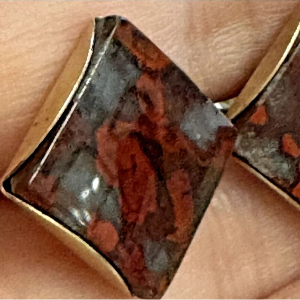 Vintage Square Cufflinks Marbled Red Brown Inlay Goldtone 0.5 inch